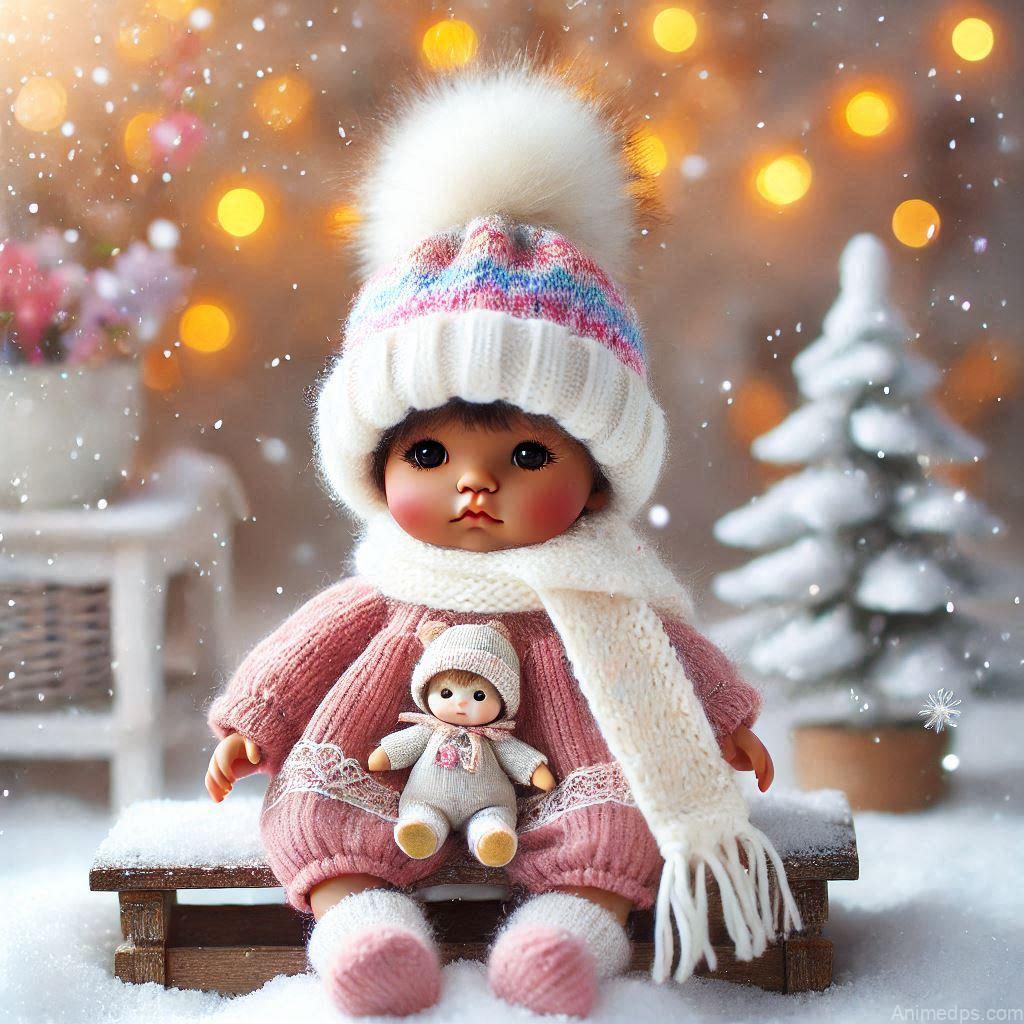 225+ Best Baby Doll Whatsapp Dp 51 A cozy baby doll wearing a cute knitted hat and scarf in soft pastel colors, sitting on a snow-covered bench.