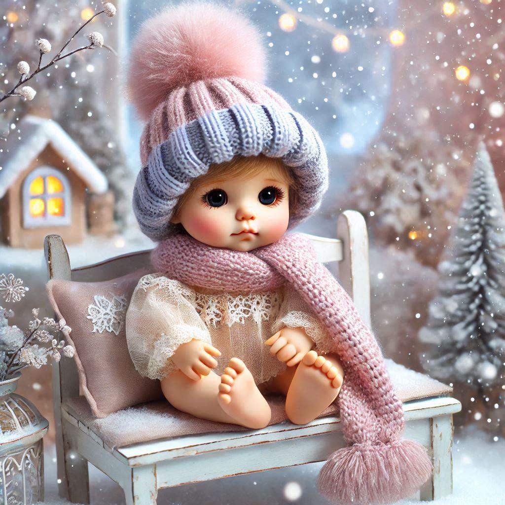 225+ Best Baby Doll Whatsapp Dp 52 A cozy baby doll wearing a cute knitted hat and scarf in soft pastel colors, sitting on a snow-covered bench.