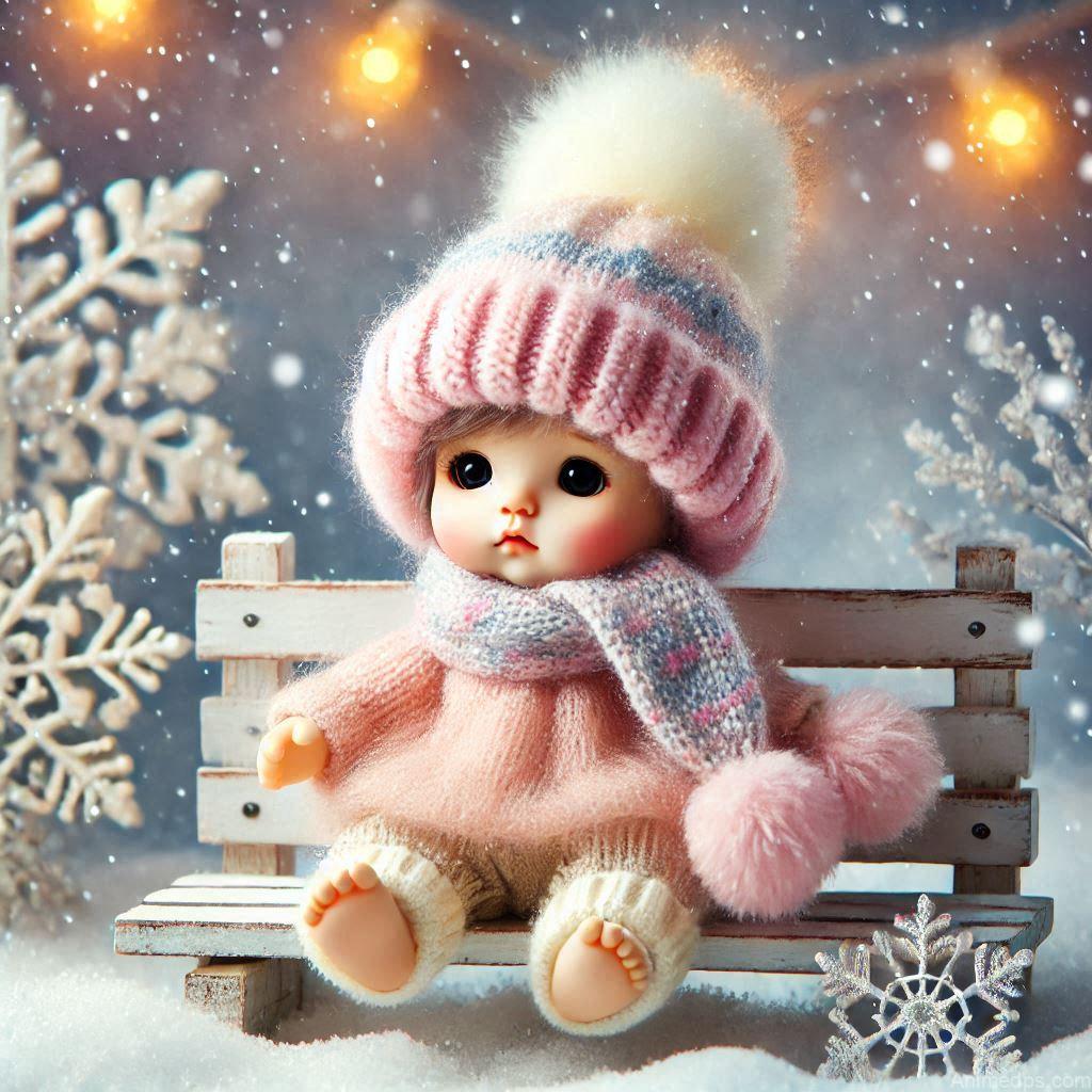 225+ Best Baby Doll Whatsapp Dp 53 A cozy baby doll wearing a cute knitted hat and scarf in soft pastel colors, sitting on a snow-covered bench.