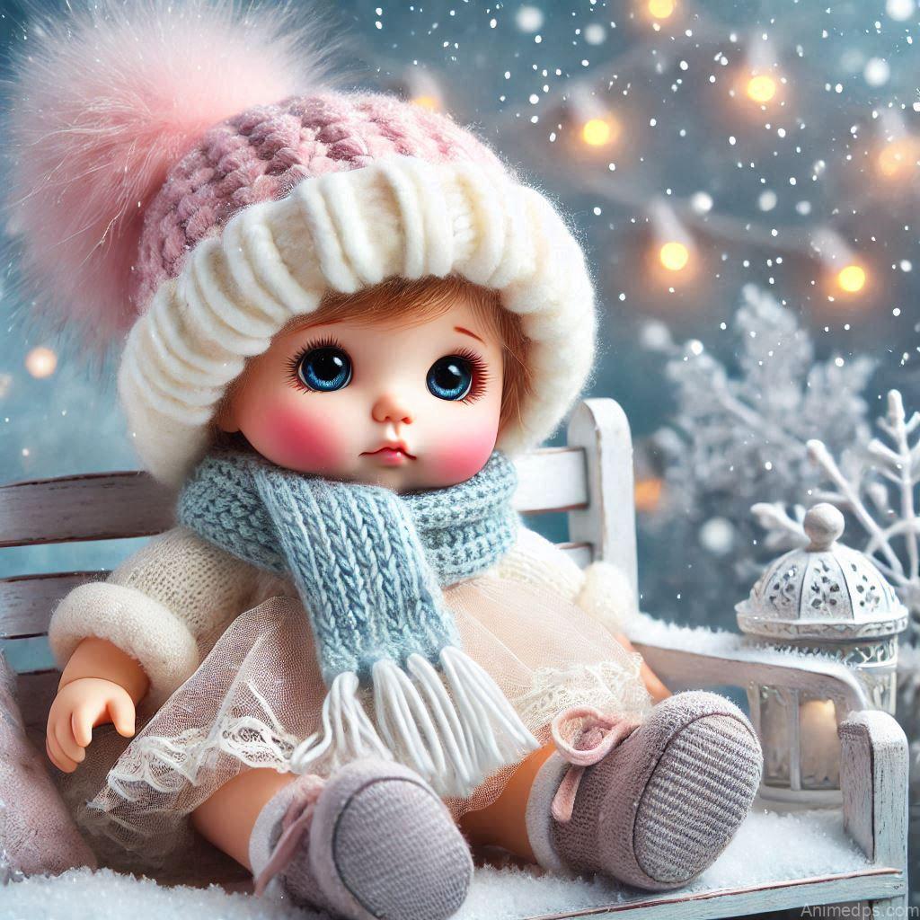 225+ Best Baby Doll Whatsapp Dp 54 A cozy baby doll wearing a cute knitted hat and scarf in soft pastel colors, sitting on a snow-covered bench.