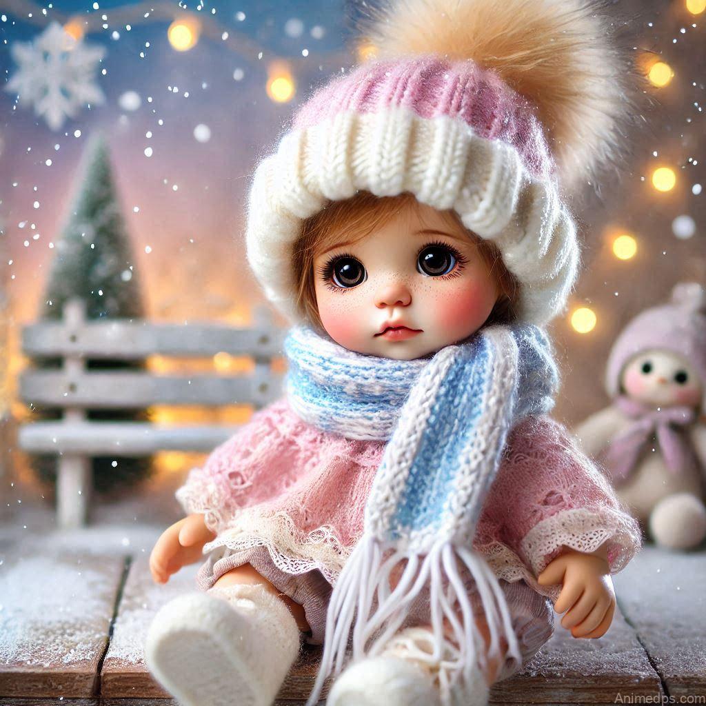 225+ Best Baby Doll Whatsapp Dp 55 A cozy baby doll wearing a cute knitted hat and scarf in soft pastel colors, sitting on a snow-covered bench.