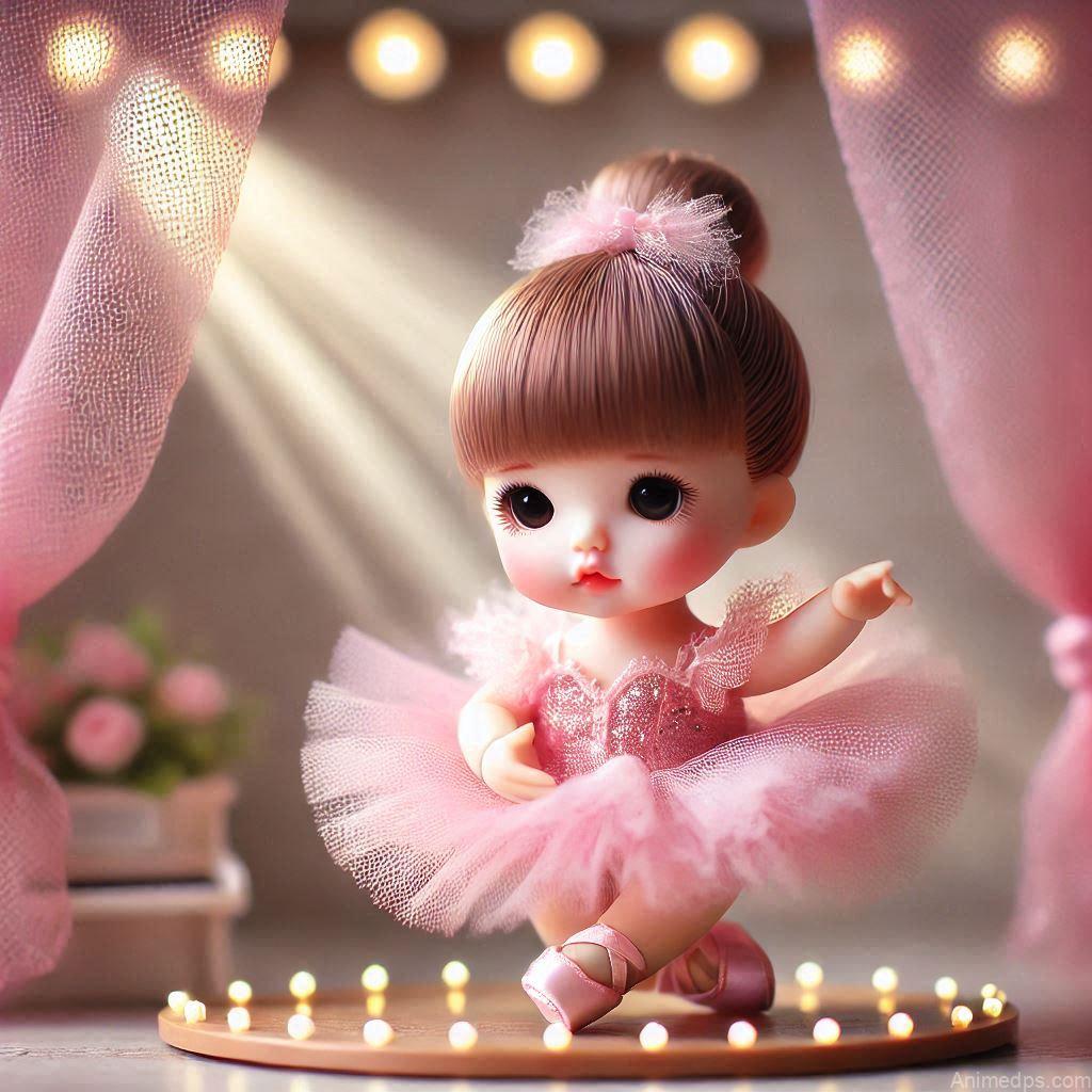 225+ Best Baby Doll Whatsapp Dp 92 A graceful baby doll dressed in a pink tutu and ballet slippers, posing on a miniature stage with soft spotlight effects