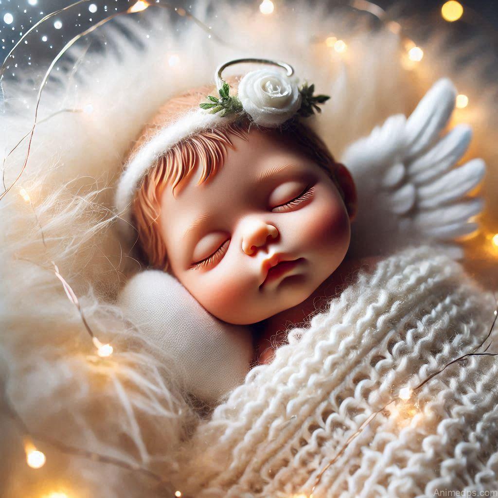 225+ Best Baby Doll Whatsapp Dp 33 A peaceful baby doll with closed eyes and a serene expression, wrapped in a fluffy white blanket with a tiny pillow