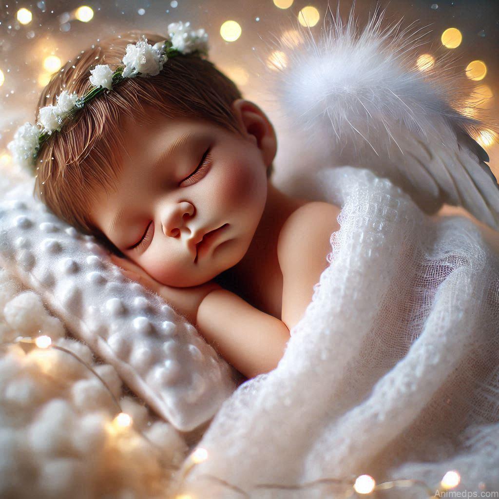 225+ Best Baby Doll Whatsapp Dp 34 A peaceful baby doll with closed eyes and a serene expression, wrapped in a fluffy white blanket with a tiny pillow