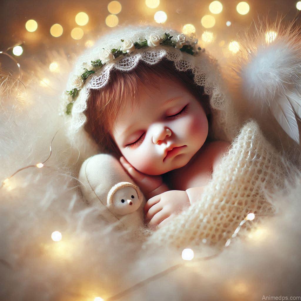225+ Best Baby Doll Whatsapp Dp 36 A peaceful baby doll with closed eyes and a serene expression, wrapped in a fluffy white blanket with a tiny pillow