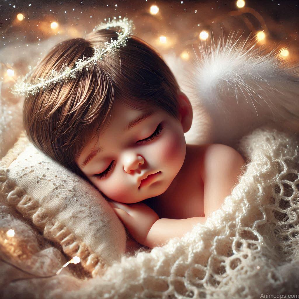 225+ Best Baby Doll Whatsapp Dp 37 A peaceful baby doll with closed eyes and a serene expression, wrapped in a fluffy white blanket with a tiny pillow