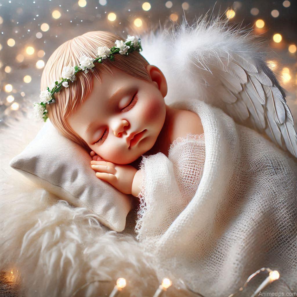 225+ Best Baby Doll Whatsapp Dp 38 A peaceful baby doll with closed eyes and a serene expression, wrapped in a fluffy white blanket with a tiny pillow