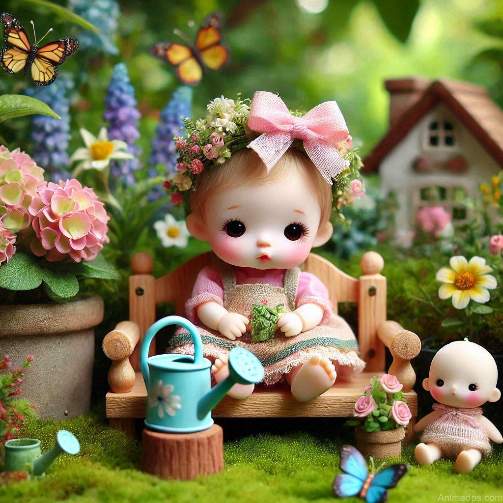 225+ Best Baby Doll Whatsapp Dp 93 A delightful baby doll sitting on a tiny wooden bench in a lush garden, holding a watering