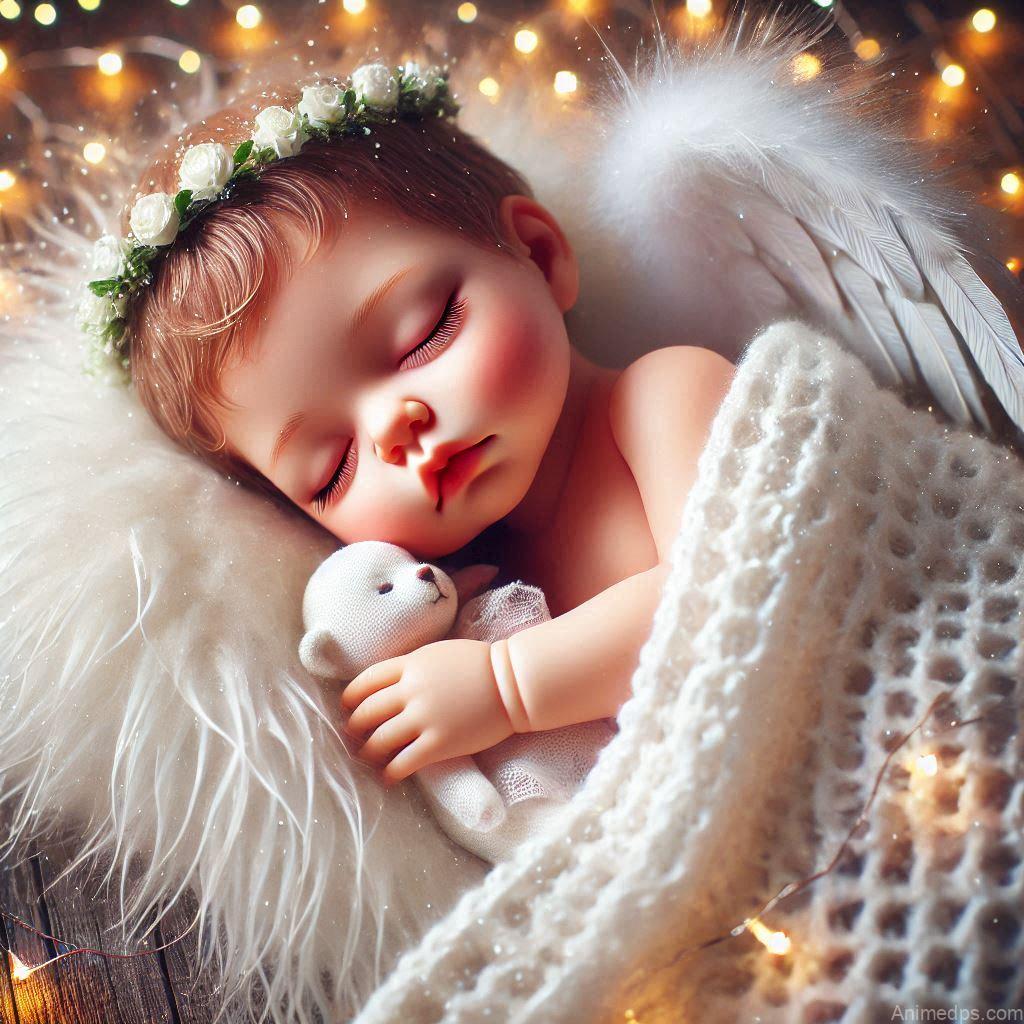 225+ Best Baby Doll Whatsapp Dp 39 A peaceful baby doll with closed eyes and a serene expression, wrapped in a fluffy white blanket with a tiny pillow