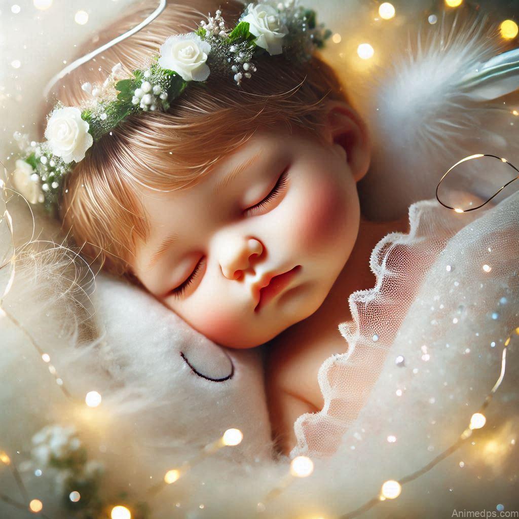 225+ Best Baby Doll Whatsapp Dp 40 A peaceful baby doll with closed eyes and a serene expression, wrapped in a fluffy white blanket with a tiny pillow