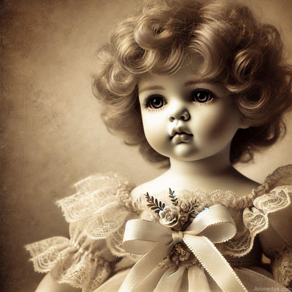 225+ Best Baby Doll Whatsapp Dp 41 A classic porcelain baby doll with curly golden hair, wearing a delicate vintage-style dress adorned with lace and ribbons.