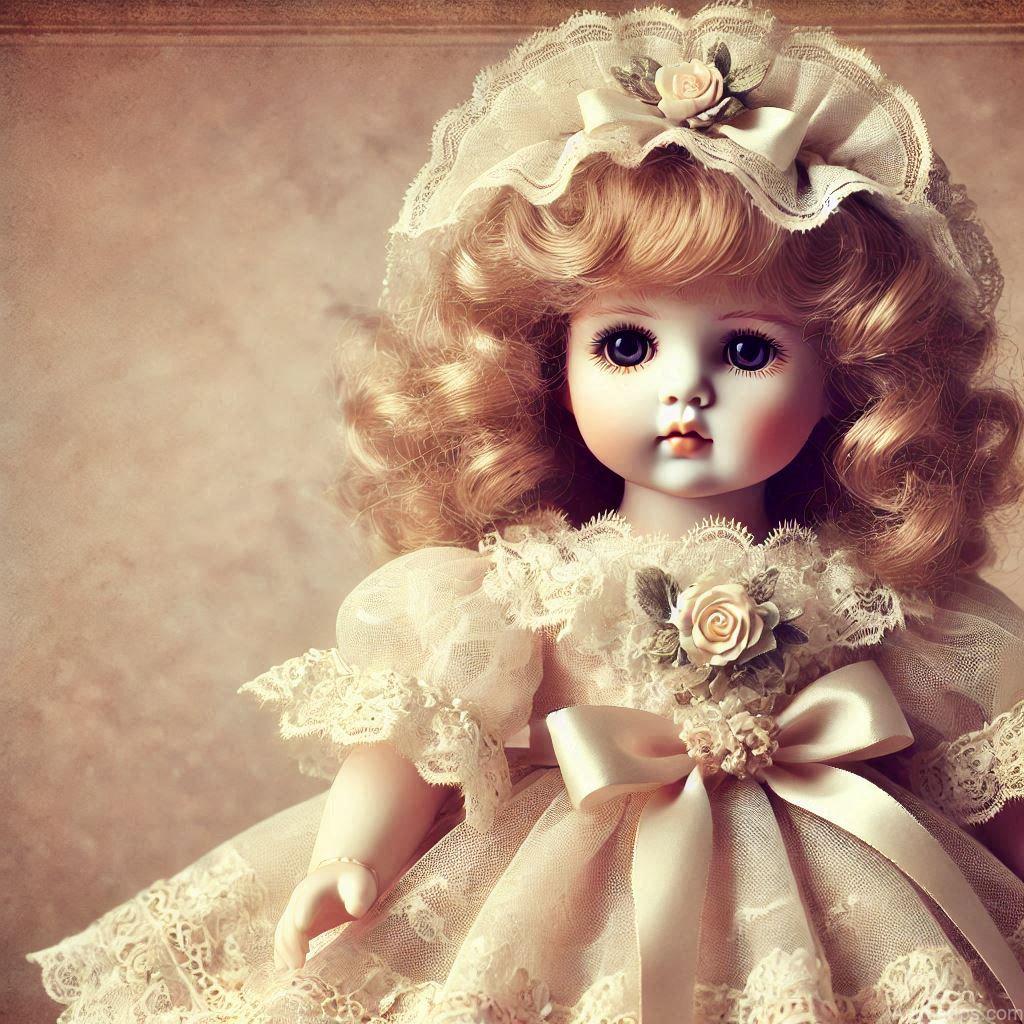 225+ Best Baby Doll Whatsapp Dp 10 A classic porcelain baby doll with curly golden hair, wearing a delicate vintage-style dress adorned with lace and ribbons.