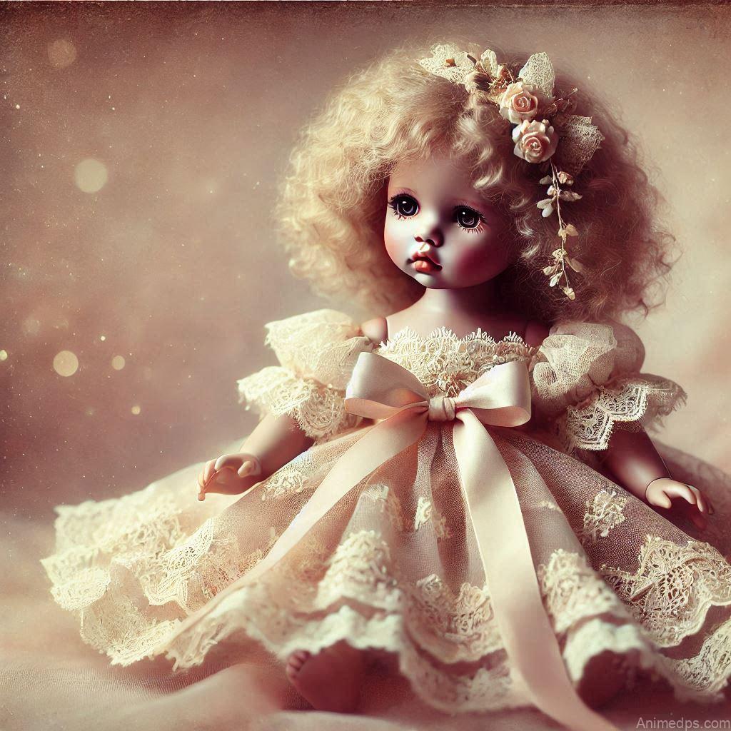 225+ Best Baby Doll Whatsapp Dp 11 A classic porcelain baby doll with curly golden hair, wearing a delicate vintage-style dress adorned with lace and ribbons.