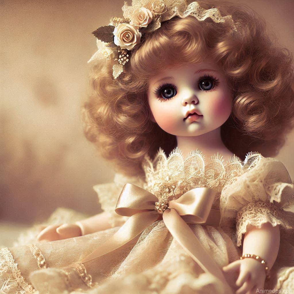 225+ Best Baby Doll Whatsapp Dp 12 A classic porcelain baby doll with curly golden hair, wearing a delicate vintage-style dress adorned with lace and ribbons.
