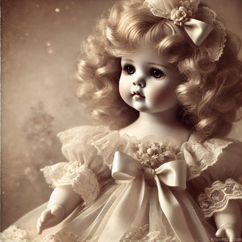 225+ Best Baby Doll Whatsapp Dp 13 A classic porcelain baby doll with curly golden hair, wearing a delicate vintage-style dress adorned with lace and ribbons.