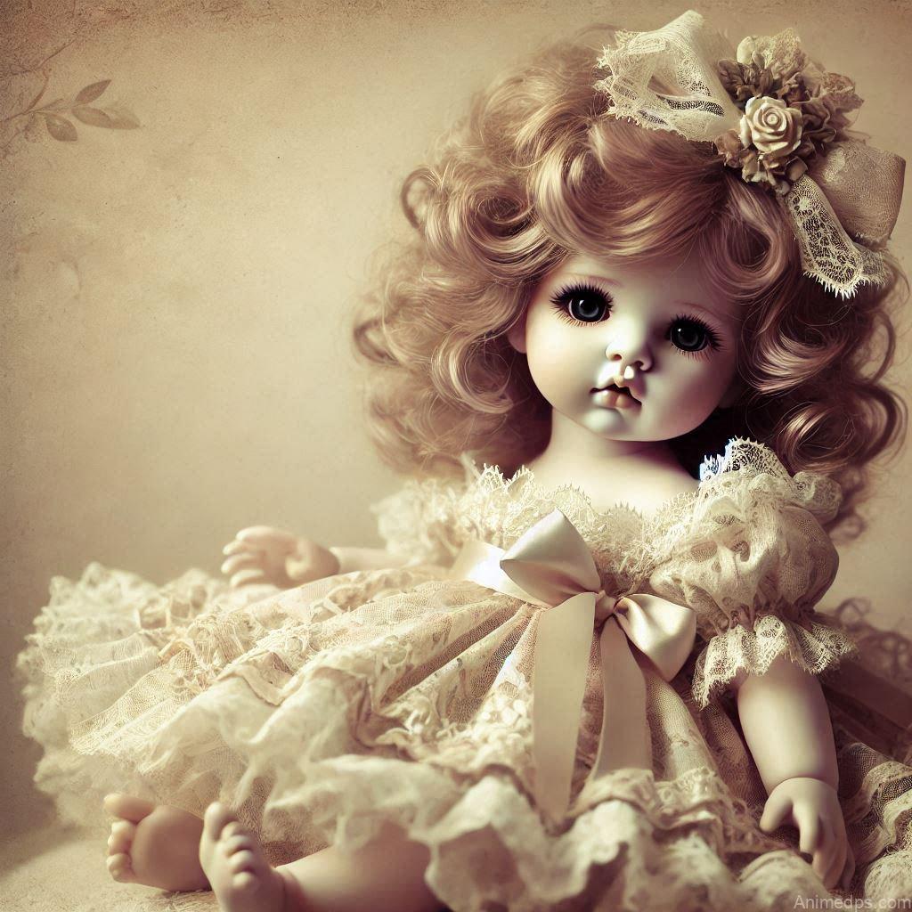 225+ Best Baby Doll Whatsapp Dp 14 A classic porcelain baby doll with curly golden hair, wearing a delicate vintage-style dress adorned with lace and ribbons.