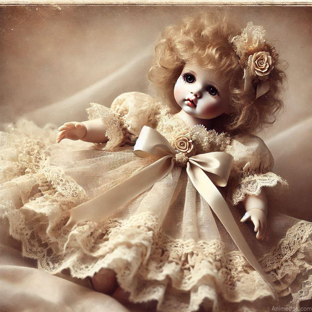 225+ Best Baby Doll Whatsapp Dp 15 A classic porcelain baby doll with curly golden hair, wearing a delicate vintage-style dress adorned with lace and ribbons.
