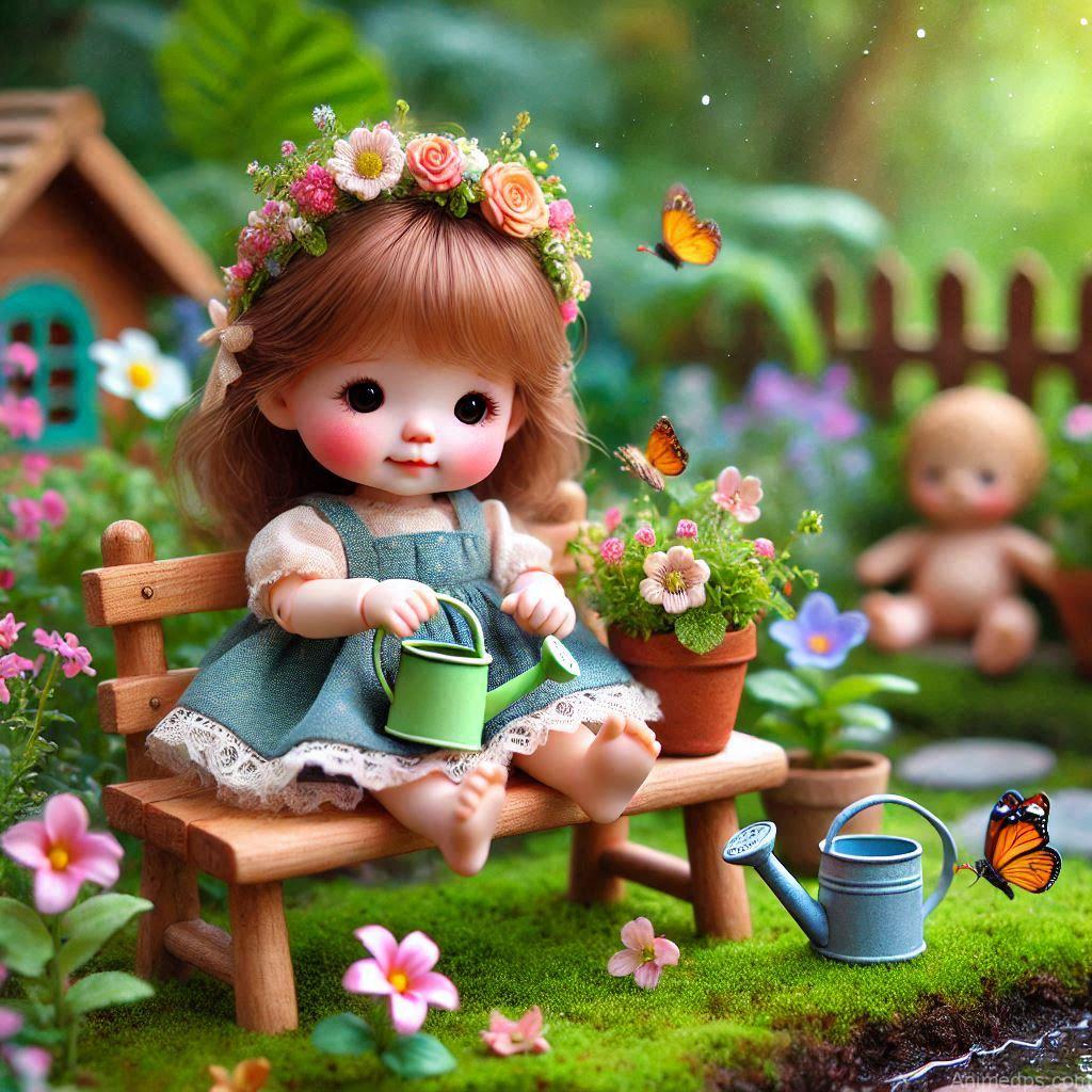 225+ Best Baby Doll Whatsapp Dp 94 A delightful baby doll sitting on a tiny wooden bench in a lush garden, holding a watering