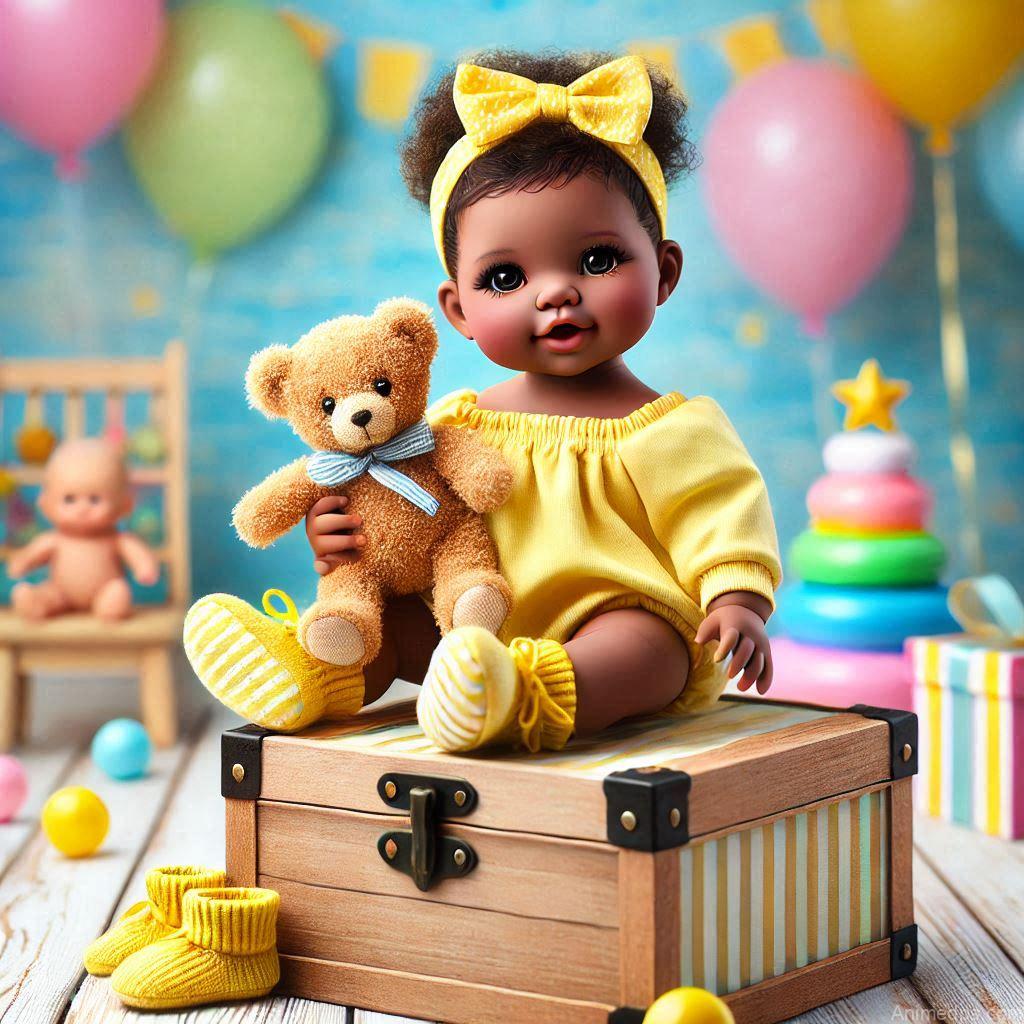 225+ Best Baby Doll Whatsapp Dp 16 A cheerful baby doll holding a tiny teddy bear, wearing a yellow outfit with matching booties.