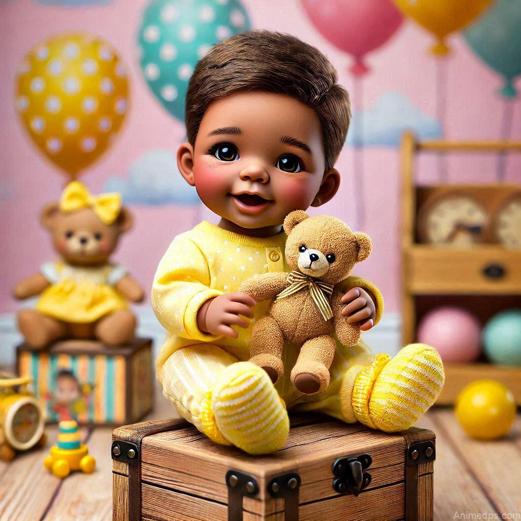 225+ Best Baby Doll Whatsapp Dp 17 A cheerful baby doll holding a tiny teddy bear, wearing a yellow outfit with matching booties.