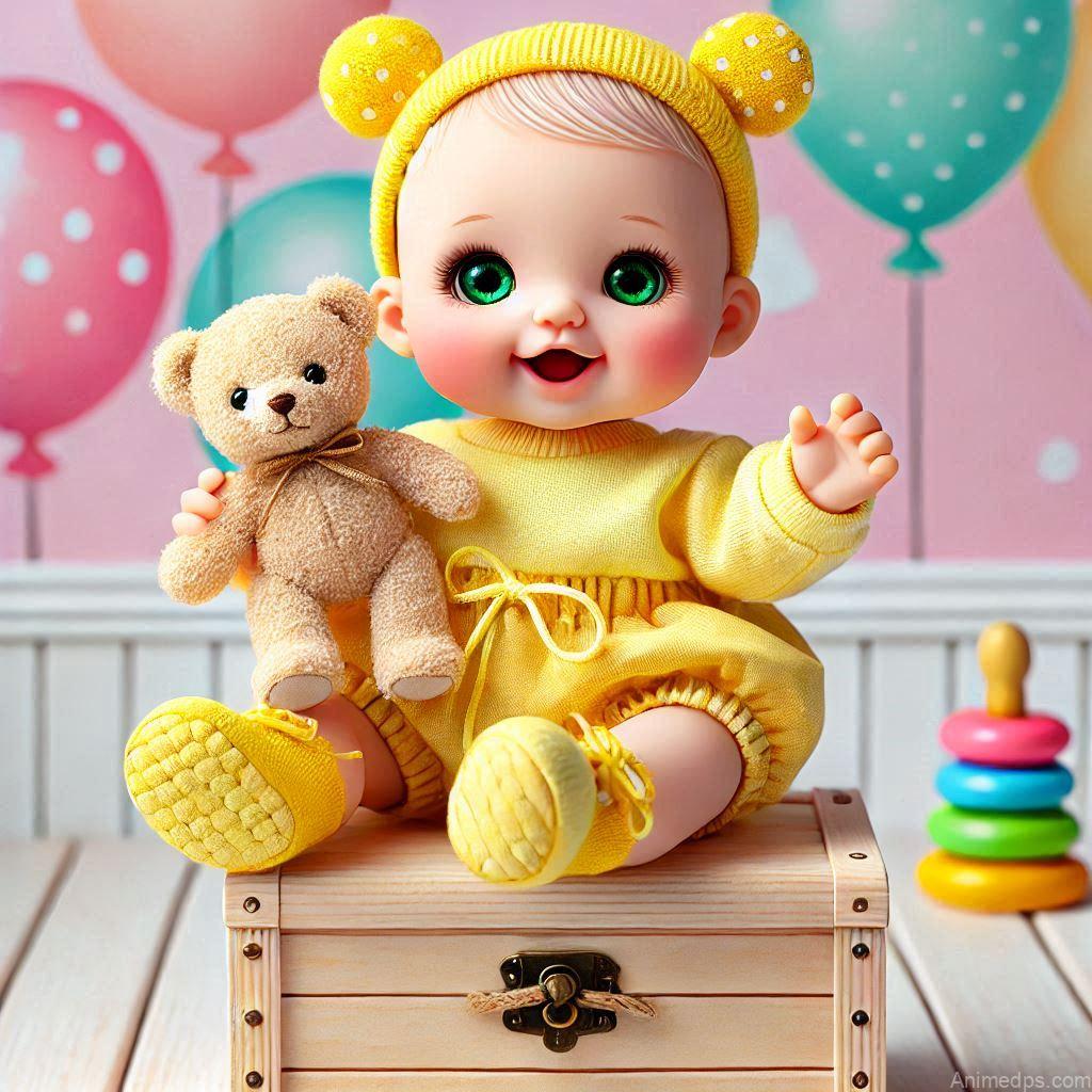 225+ Best Baby Doll Whatsapp Dp 18 A cheerful baby doll holding a tiny teddy bear, wearing a yellow outfit with matching booties.