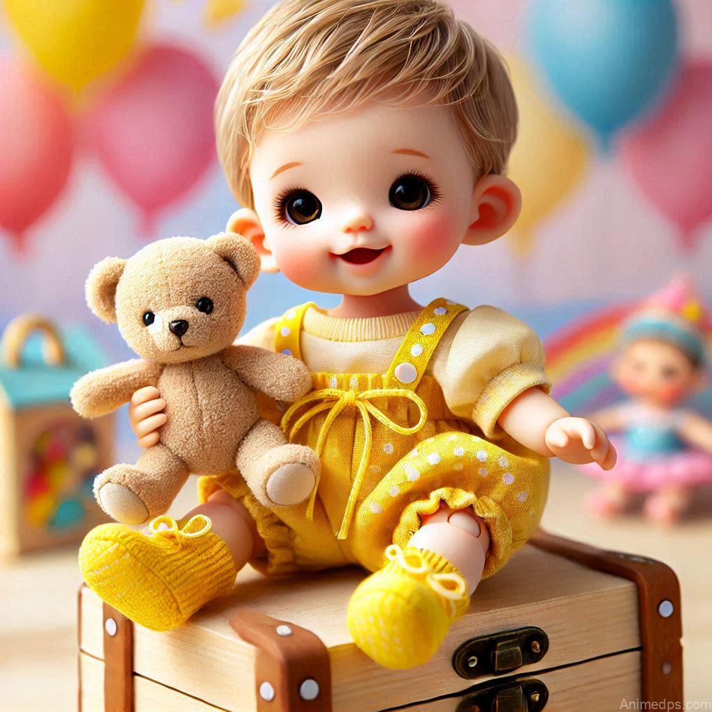 225+ Best Baby Doll Whatsapp Dp 19 A cheerful baby doll holding a tiny teddy bear, wearing a yellow outfit with matching booties.