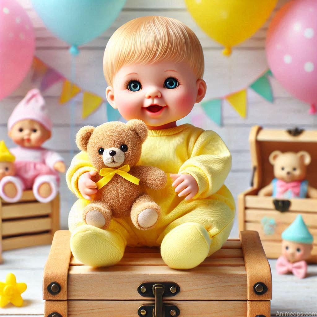 225+ Best Baby Doll Whatsapp Dp 20 A cheerful baby doll holding a tiny teddy bear, wearing a yellow outfit with matching booties.