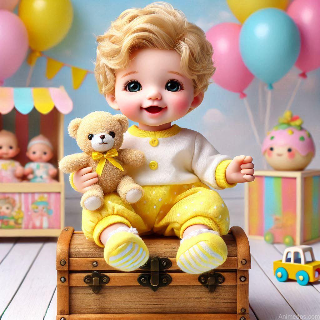 225+ Best Baby Doll Whatsapp Dp 21 A cheerful baby doll holding a tiny teddy bear, wearing a yellow outfit with matching booties.