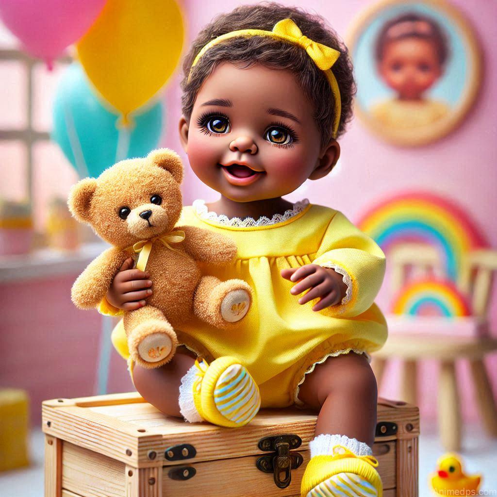 225+ Best Baby Doll Whatsapp Dp 22 A cheerful baby doll holding a tiny teddy bear, wearing a yellow outfit with matching booties.