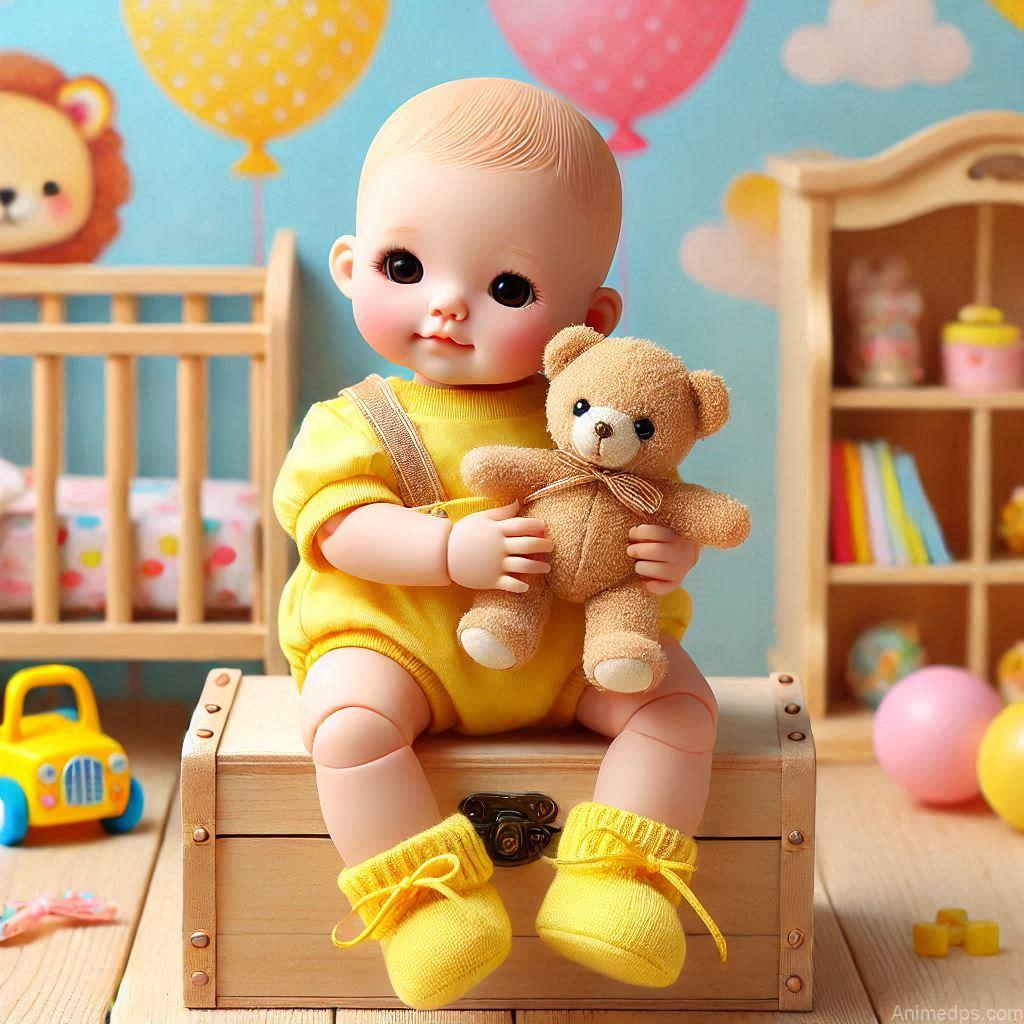 225+ Best Baby Doll Whatsapp Dp 23 A cheerful baby doll holding a tiny teddy bear, wearing a yellow outfit with matching booties.