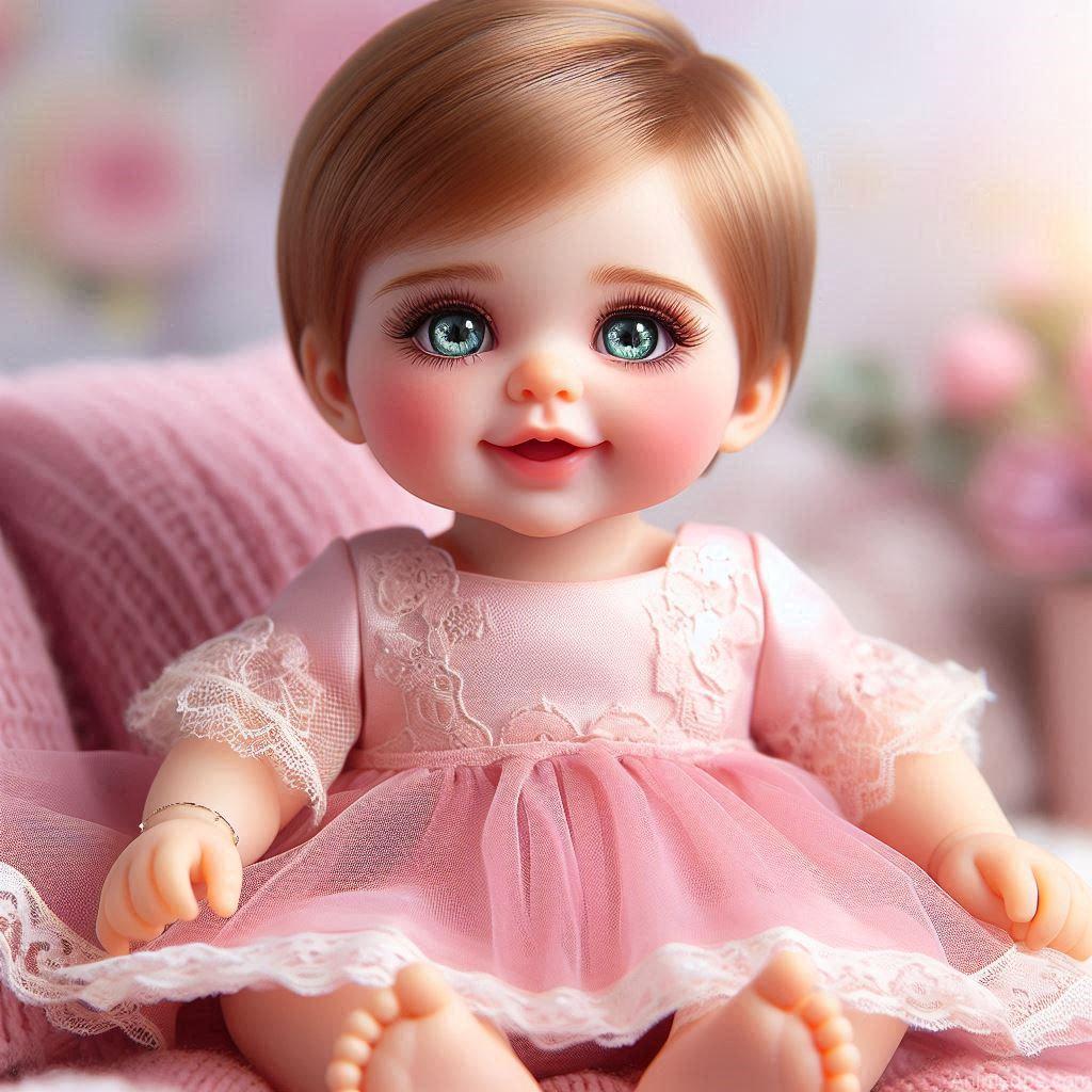 225+ Best Baby Doll Whatsapp Dp 24 A cute baby doll with big sparkling eyes, rosy cheeks, and a bright smile, dressed in a soft pink.