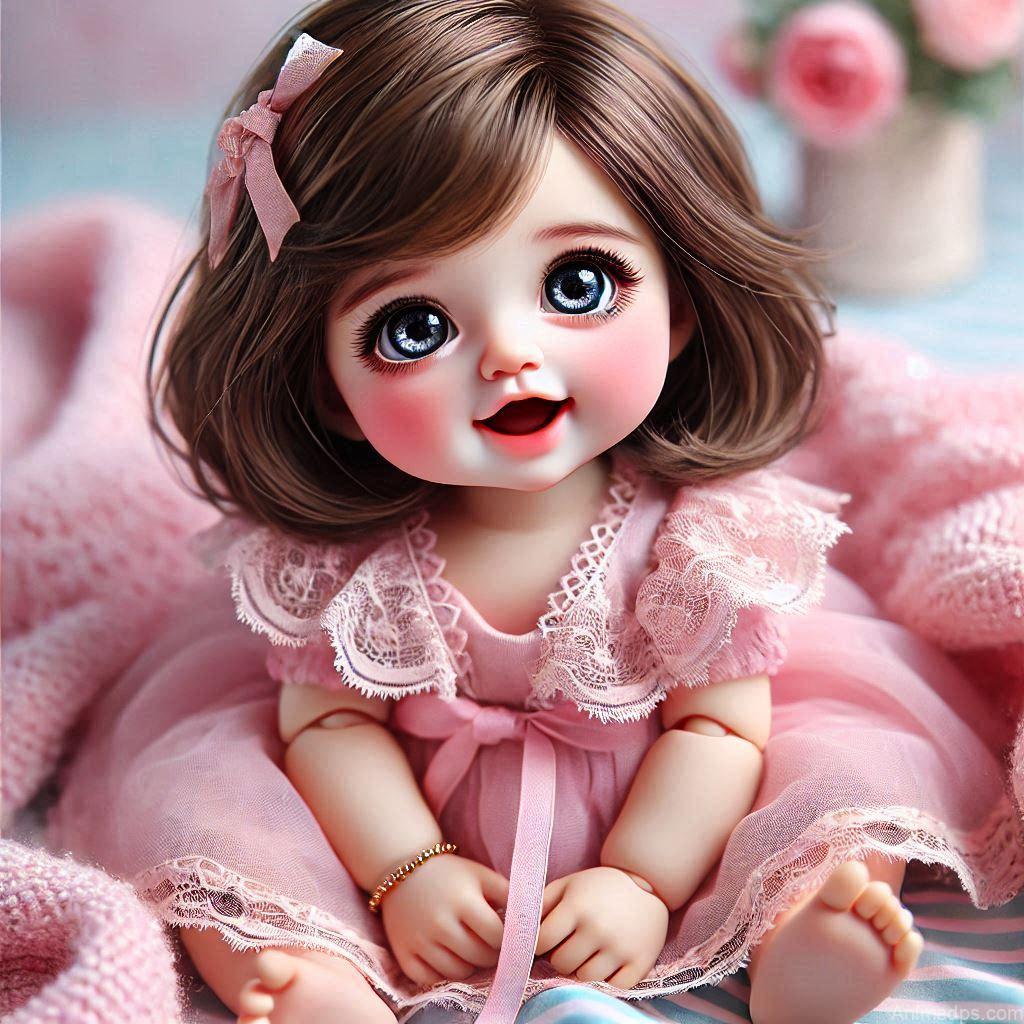 225+ Best Baby Doll Whatsapp Dp 25 A cute baby doll with big sparkling eyes, rosy cheeks, and a bright smile, dressed in a soft pink.